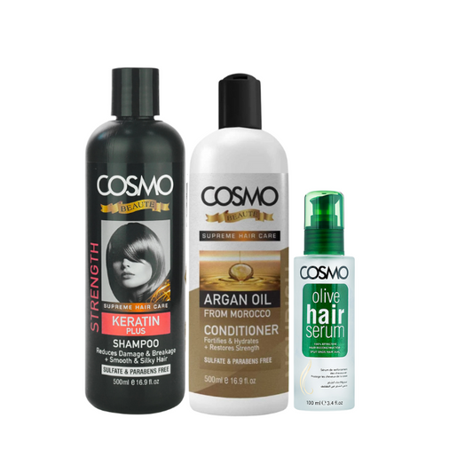 HAIR CARE DELUXE - BEAUTE KERATIN PLUS SHAMPOO 500ML - BEAUTE ARGAN OIL CONDITIONER 500ML - OLIVE HAIR SERUM 100ML