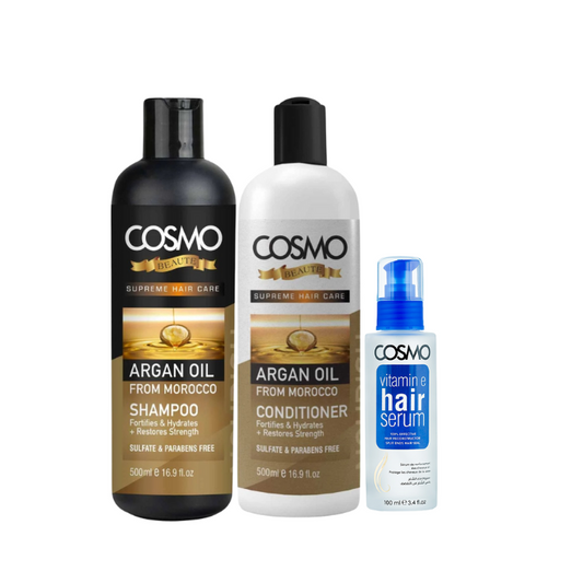 HAIR CARE DELUXE - BEAUTE ARGAN OIL SHAMPOO 500ML - BEAUTE ARGAN OIL CONDITIONER 500ML - VITAMIN E HAIR SERUM 100ML