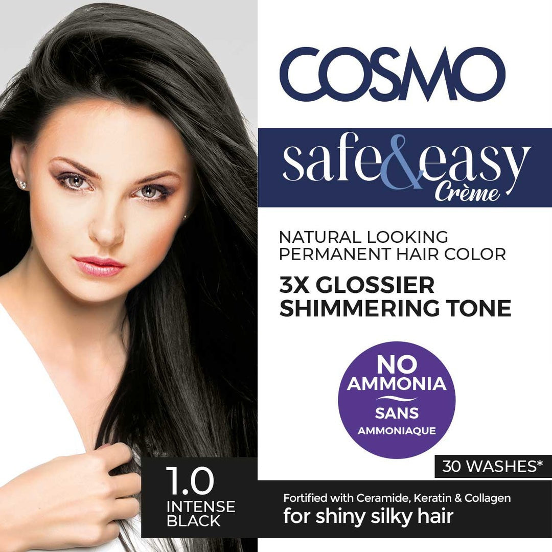 COSMO SAFE & EASY CREAM NO AMMONIA PERMANENT HAIR COLOR KIT INTENSE BLACK  1.0