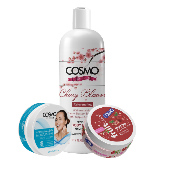 WINTER ESSENTIALS KIT - BODY LOTION CHERRY BLOSSOM - 500ML, MOISTURISING CREAM - 250ML, POMEGRANATE FACE & BODY SCRUB - 250ML